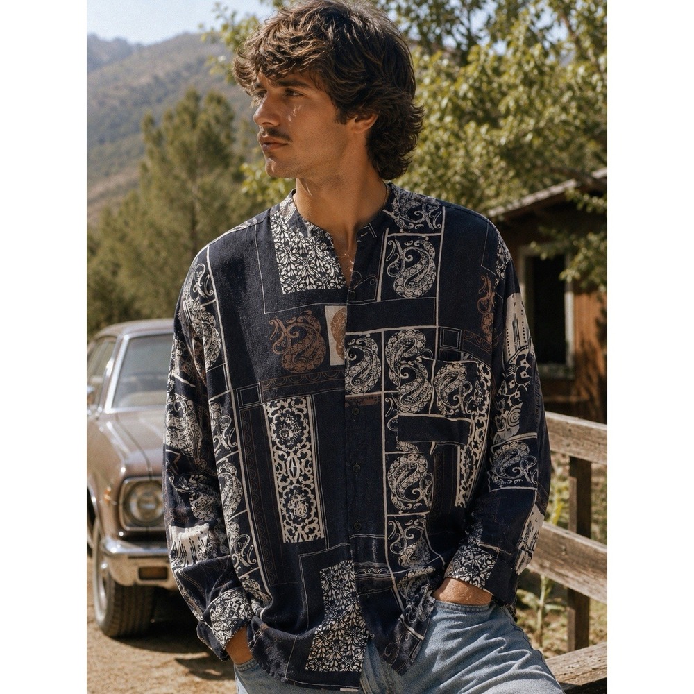 VTG Novin 70s Rayon Abstract Patchwork Grunge XL Camp Shirt Mens PP00